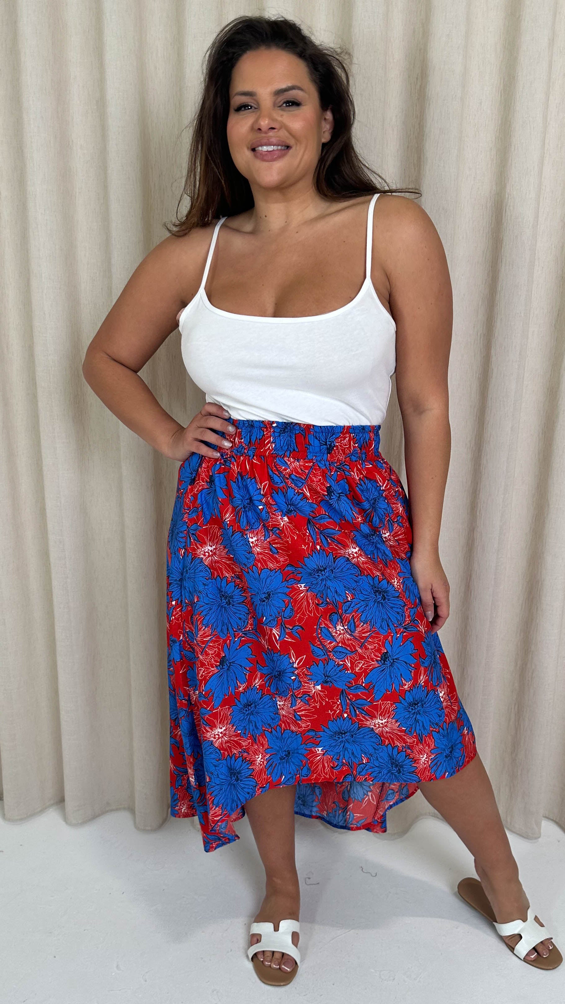CurveWow Dipped Hem Midi Skirt Blue and Red Floral