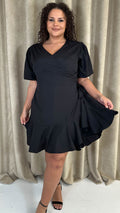 CurveWow Asymmetric Puff Sleeve Wrap Dress Black