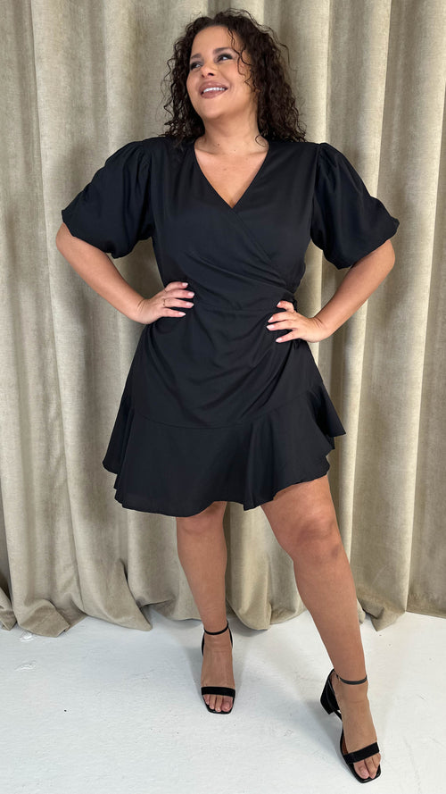CurveWow Asymmetric Puff Sleeve Wrap Dress Black