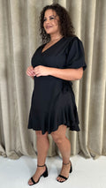 CurveWow Asymmetric Puff Sleeve Wrap Dress Black
