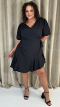CurveWow Asymmetric Puff Sleeve Wrap Dress Black
