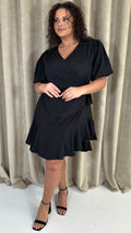 CurveWow Asymmetric Puff Sleeve Wrap Dress Black