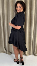 CurveWow Asymmetric Puff Sleeve Wrap Dress Black