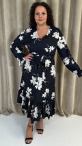CurveWow Long Sleeve Floral Wrap Midaxi Dress Black/Ivory