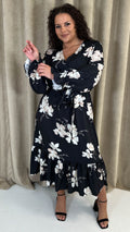 CurveWow Long Sleeve Floral Wrap Midaxi Dress Black/Ivory