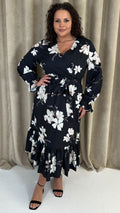 CurveWow Long Sleeve Floral Wrap Midaxi Dress Black/Ivory