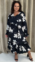 CurveWow Long Sleeve Floral Wrap Midaxi Dress Black/Ivory