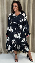 CurveWow Long Sleeve Floral Wrap Midaxi Dress Black/Ivory