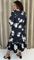 CurveWow Long Sleeve Floral Wrap Midaxi Dress Black/Ivory