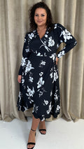 CurveWow Long Sleeve Wrap Dress Black/White Floral