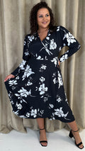CurveWow Long Sleeve Wrap Dress Black/White Floral