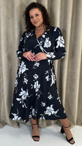 CurveWow Long Sleeve Wrap Dress Black/White Floral
