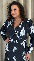 CurveWow Long Sleeve Wrap Dress Black/White Floral