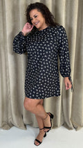 CurveWow Printed Tie Sleeve Shift Dress Black Floral