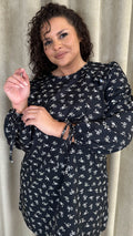 CurveWow Printed Tie Sleeve Shift Dress Black Floral