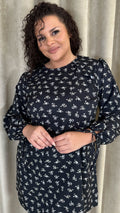 CurveWow Printed Tie Sleeve Shift Dress Black Floral