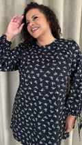 CurveWow Printed Tie Sleeve Shift Dress Black Floral