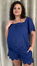 CurveWow Square Neck Broderie Top Navy