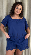 CurveWow Square Neck Broderie Top Navy