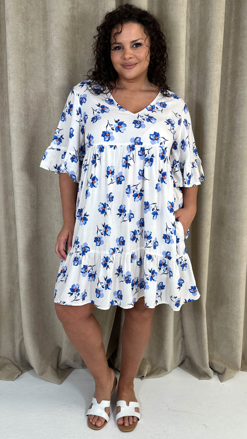 CurveWow Vneck Frill Sleeve Smock Dress Ivory Floral