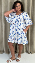 CurveWow Vneck Frill Sleeve Smock Dress Ivory Floral