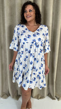 CurveWow Vneck Frill Sleeve Smock Dress Ivory Floral