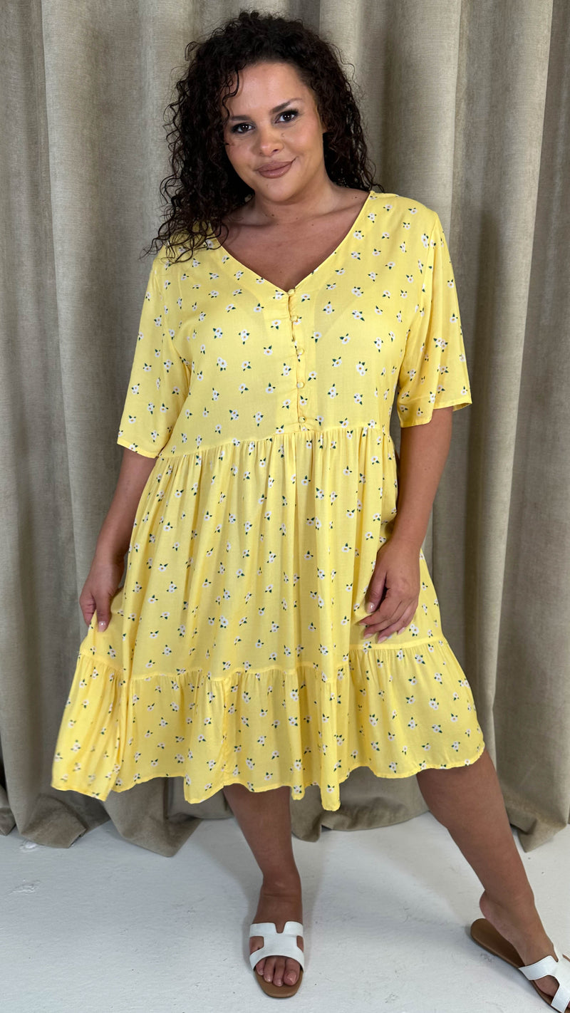 CurveWow Button Front Tea Dress Yellow Floral