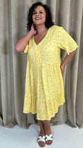 CurveWow Button Front Tea Dress Yellow Floral