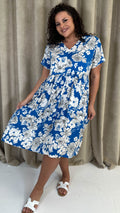 CurveWow Printed V Neck Smock Dress Blue Floral