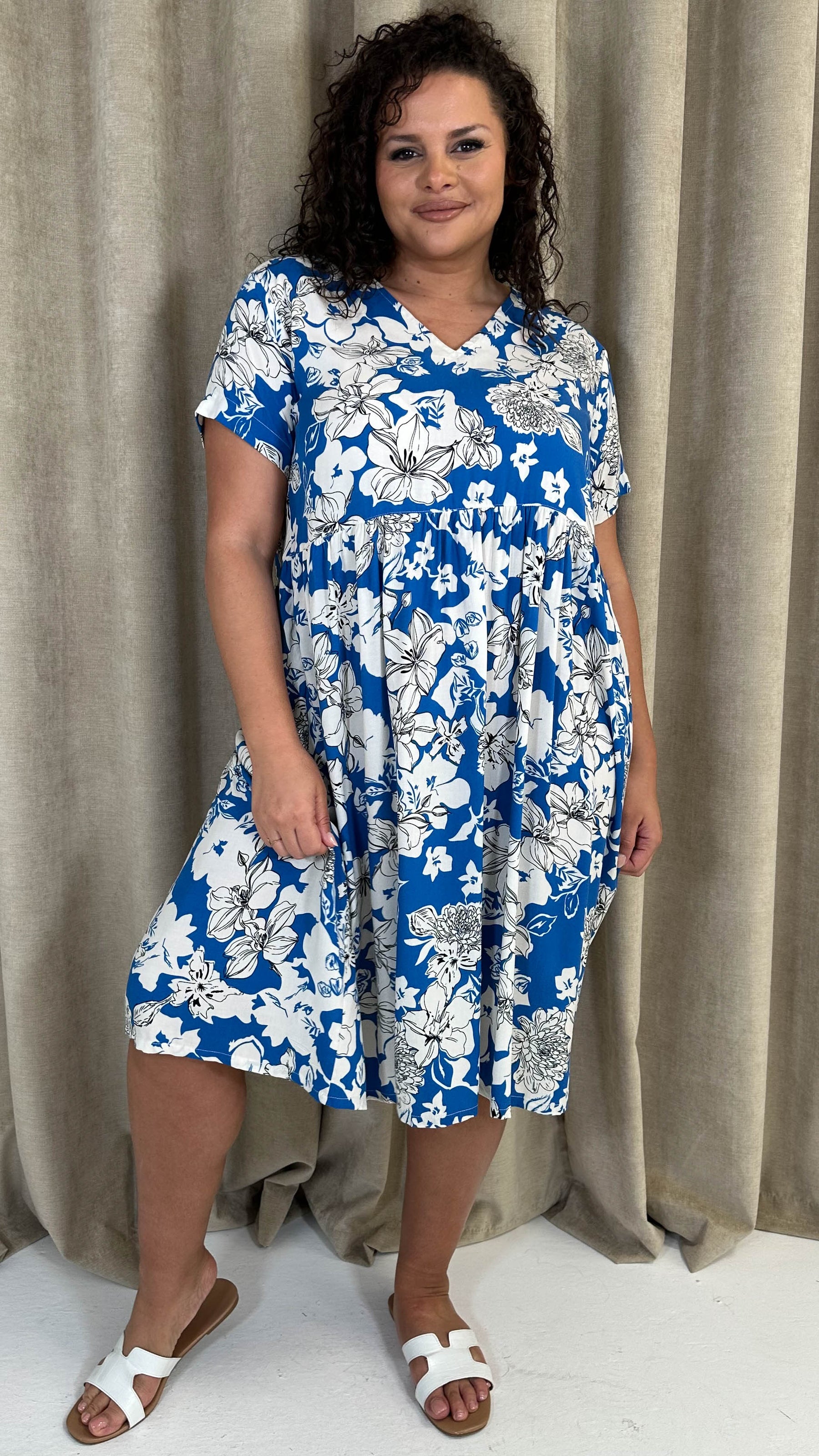 smock dress blue CurveWow Printed V Neck Smock Dress Blue Floral – Curvewow