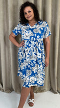 CurveWow Printed V Neck Smock Dress Blue Floral