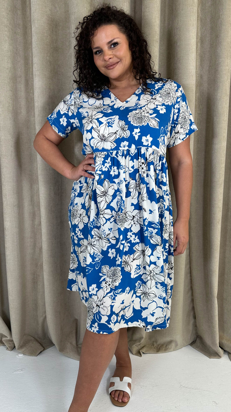 CurveWow Printed V Neck Smock Dress Blue Floral
