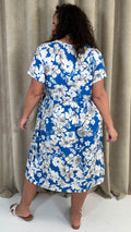 CurveWow Printed V Neck Smock Dress Blue Floral