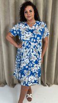 CurveWow Printed V Neck Smock Dress Blue Floral