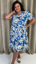 CurveWow Printed V Neck Smock Dress Blue Floral