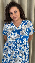 CurveWow Printed V Neck Smock Dress Blue Floral
