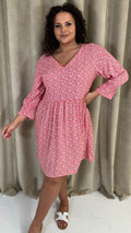 CurveWow Printed Smock Mini Dress Red Ditsy