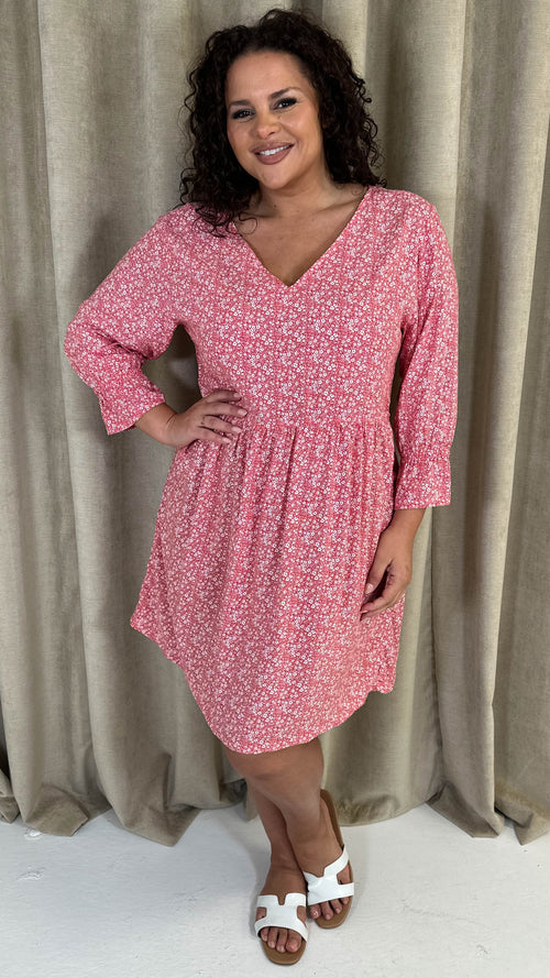 CurveWow Printed Smock Mini Dress Red Ditsy