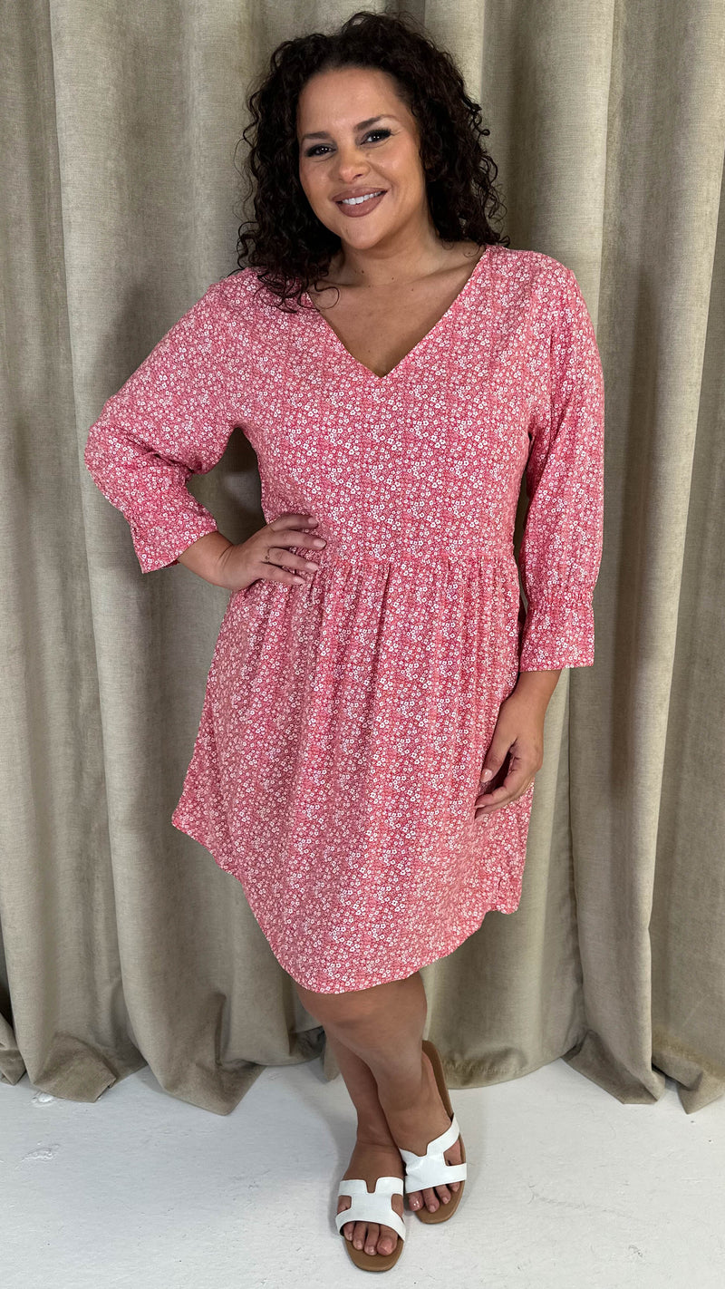 CurveWow Printed Smock Mini Dress Red Ditsy