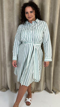 CurveWow Linen Belted Oversized Shirt Dress Green/White Stripe