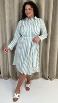 CurveWow Linen Belted Oversized Shirt Dress Green/White Stripe