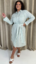 CurveWow Linen Belted Oversized Shirt Dress Green/White Stripe