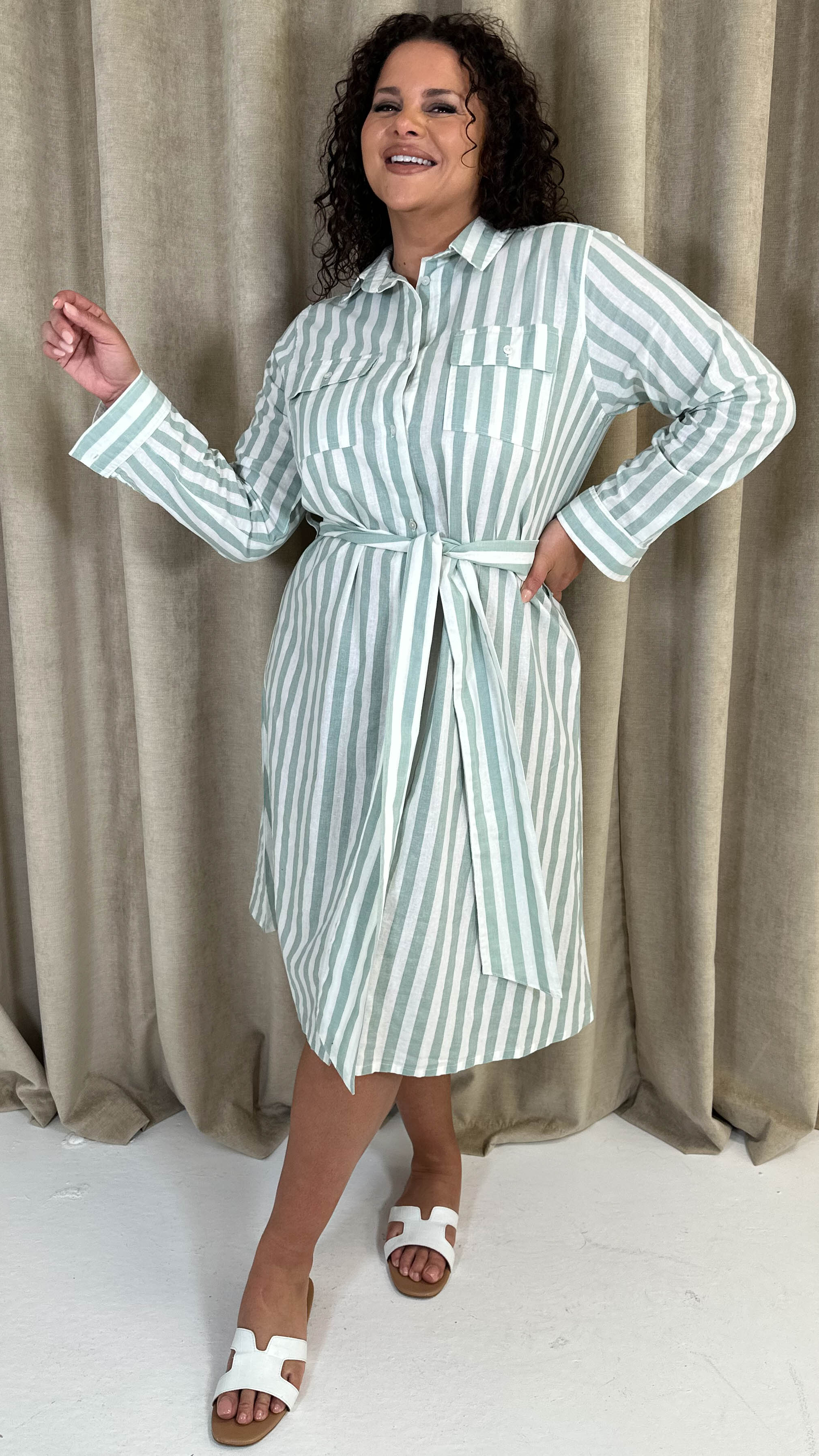 CurveWow Linen Belted Oversized Shirt Dress Green/White Stripe Curvewow CurveWow Linen Belted Oversized Shirt Dress Green/White Stripe Curvewow