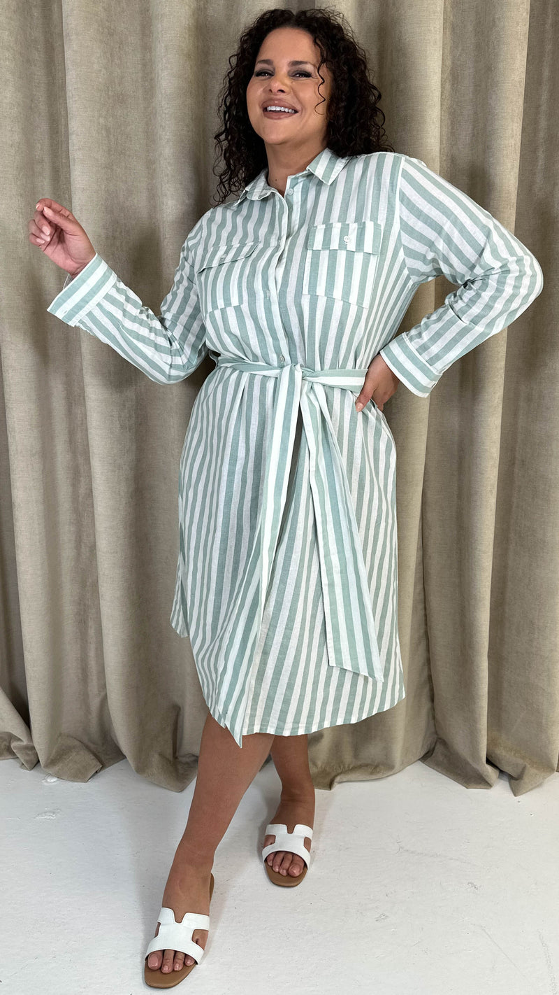 CurveWow Linen Belted Oversized Shirt Dress Green/White Stripe