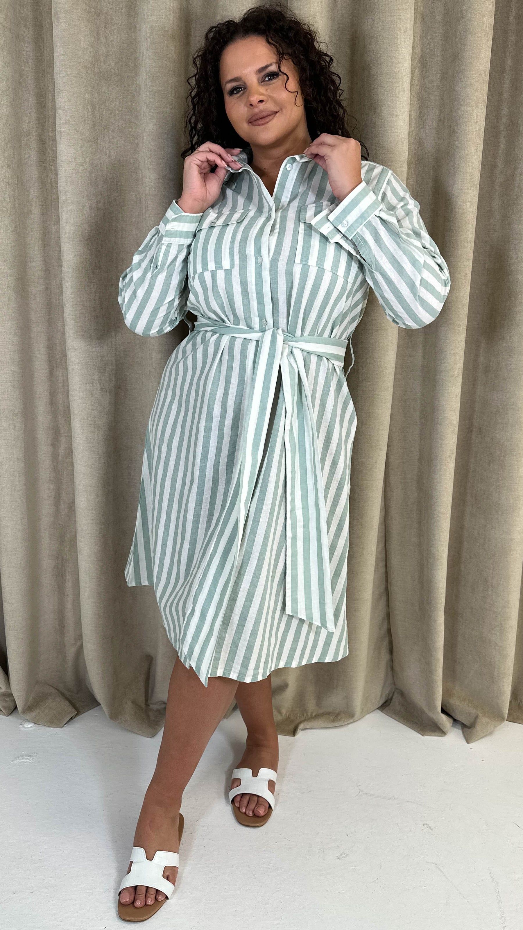 CurveWow Linen Belted Oversized Shirt Dress Green/White Stripe Curvewow CurveWow Linen Belted Oversized Shirt Dress Green/White Stripe Curvewow