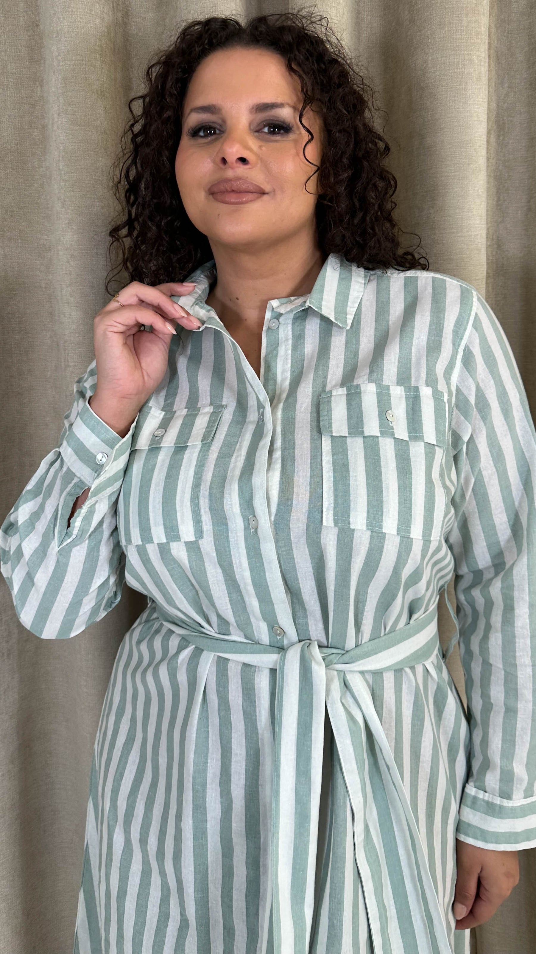 CurveWow Linen Belted Oversized Shirt Dress Green/White Stripe Curvewow CurveWow Linen Belted Oversized Shirt Dress Green/White Stripe Curvewow
