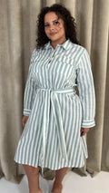 CurveWow Linen Belted Oversized Shirt Dress Green/White Stripe