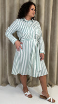 CurveWow Linen Belted Oversized Shirt Dress Green/White Stripe