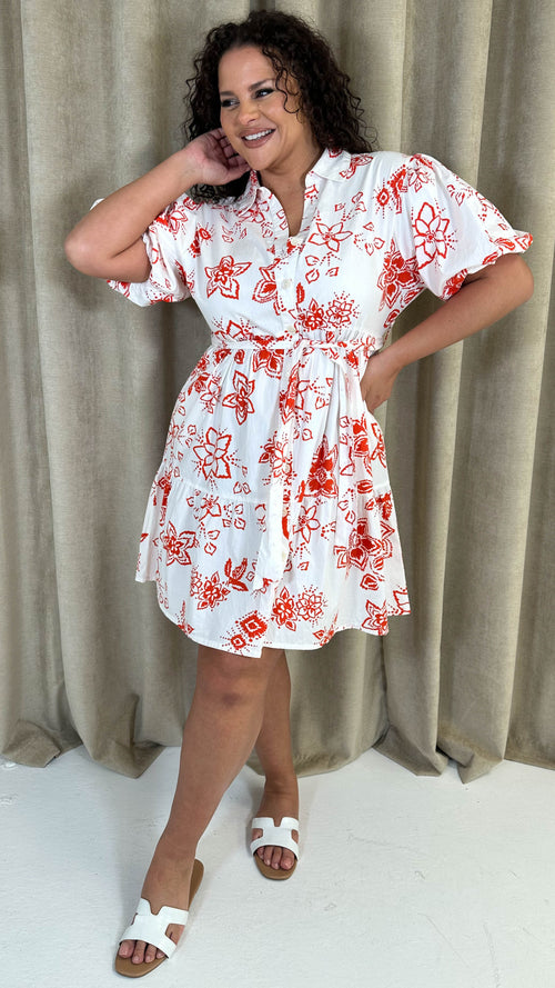 CurveWow Puff Sleeve Tiered Shirt Dress White Floral