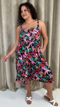 CurveWow Printed Tie Strappy Culotte Jumpsuit Black Multi Leaf